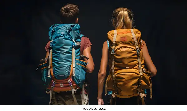 Two hikers with backpacks on a black background
