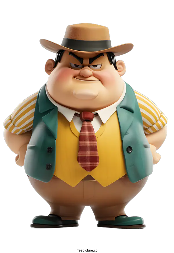 [Transparent Background PNG]Cartoon Illustration of a Fat Man in a Hat and Suit