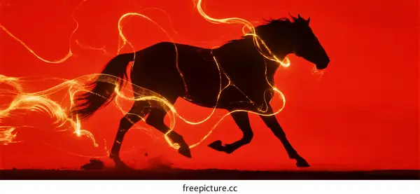 Dynamic Silhouette of Running Horse with Light Trails Against Red Background
