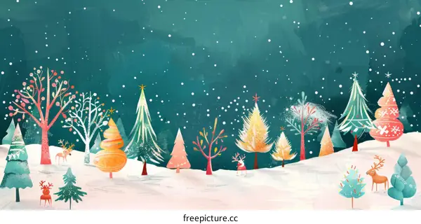 Snowy Forest with Deer and Christmas Trees