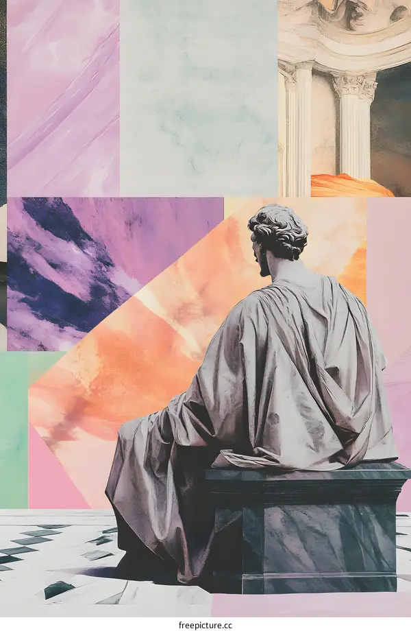 Collage Art with a Marble Statue Sitting on a Pedestal Against a Sky Background