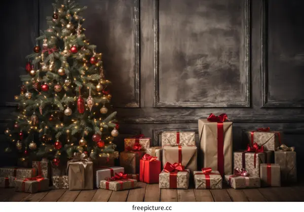Christmas Tree with Presents in Front of Dark Wall