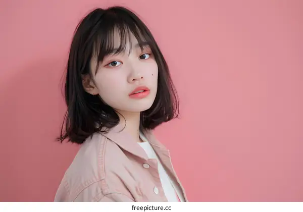 Young Asian Woman in Pink Jacket Against Pink Background