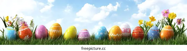 Easter Eggs in a Grassy Meadow with Flowers