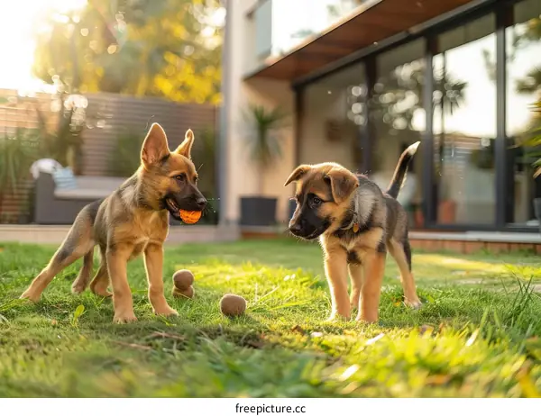 Two German Shepherd puppies playing in the backyard
