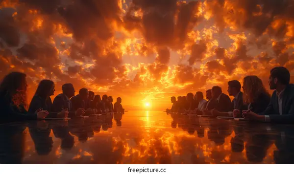 Business professionals having a meeting at sunset with an orange sky