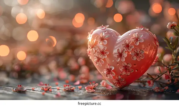 A pink heart-shaped object with cherry blossoms on it sits on a wooden table. The background is blurry with pink and white lights.
