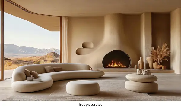 Modern Beige Living Room Interior Design with Mountain View