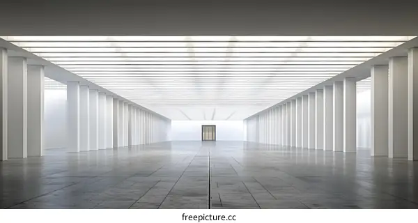 Modern Architectural Design With White Columns And A Door In The End