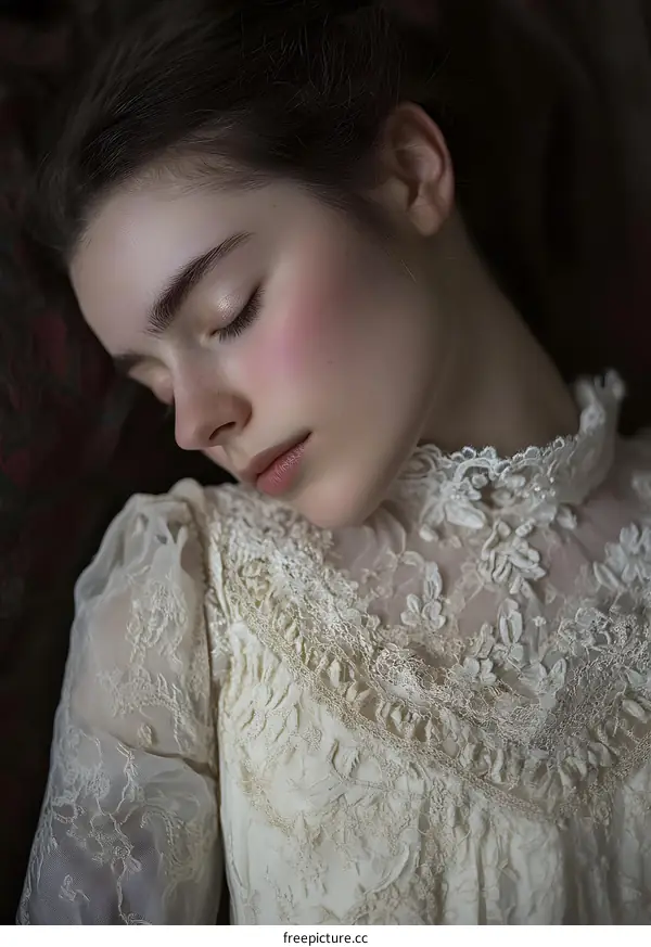 Sleeping Beauty Portrait of a Woman in White Lace Dress