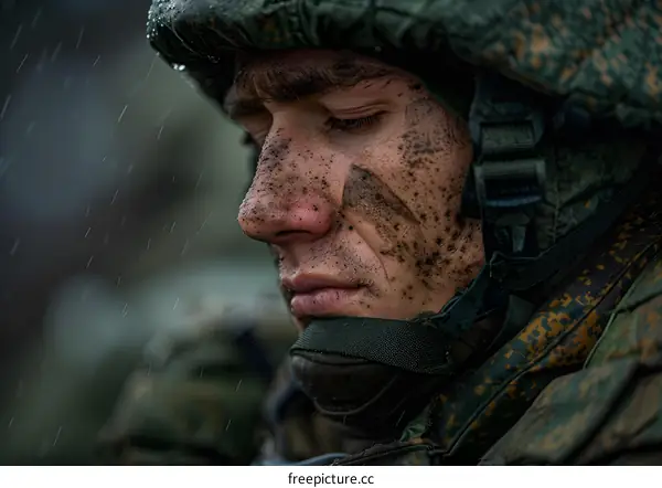 Close-up of a Young Soldier in the Rain