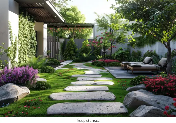 Beautiful Stone Path Garden with Lush Greenery and Vibrant Flowers