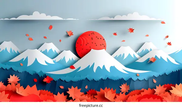 Paper Cut Landscape with Mountain and Red Sun