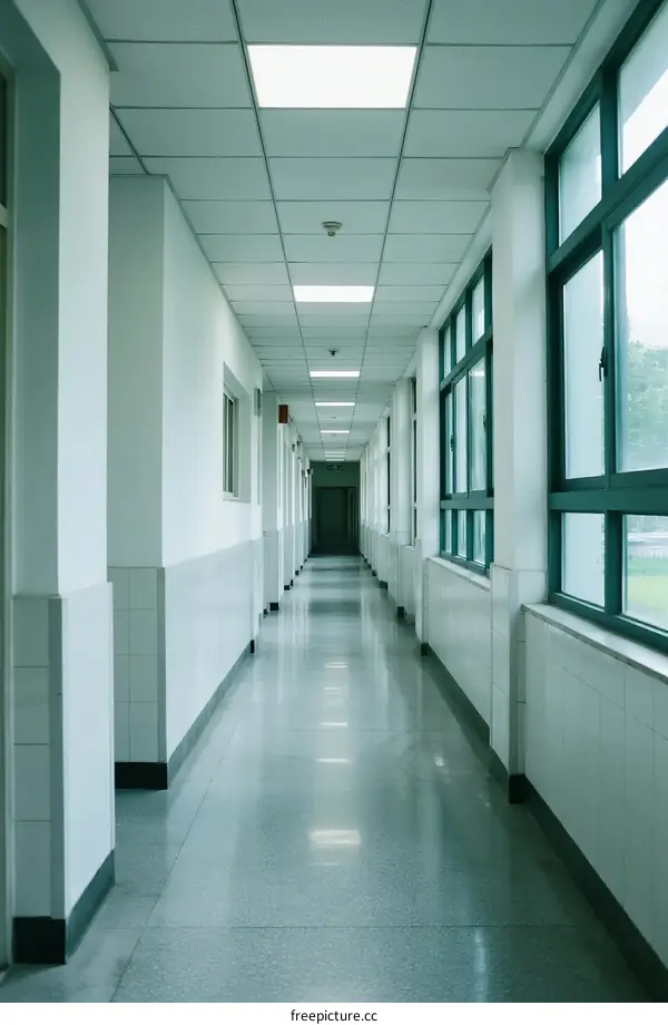 Long empty corridor with bright ceiling lights and windows