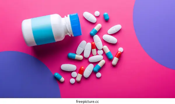 Colorful pills and capsules spilled from a prescription bottle