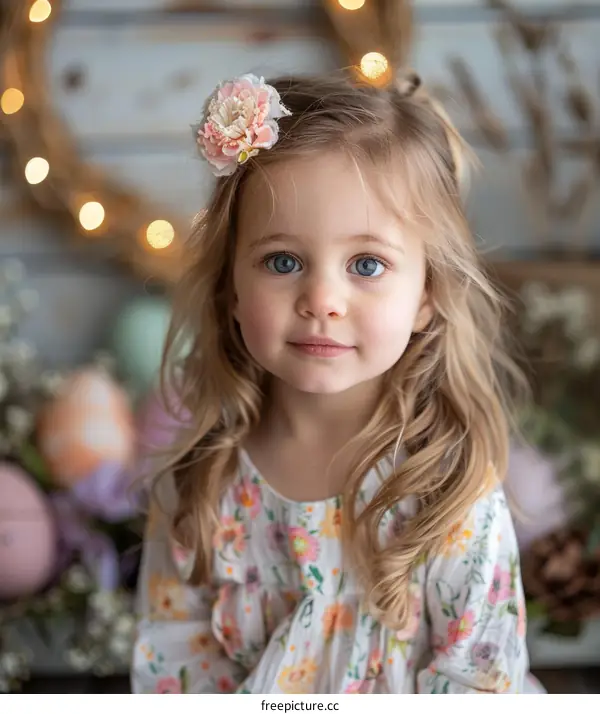 Portrait of a cute blonde toddler girl with blue eyes wearing a floral dress