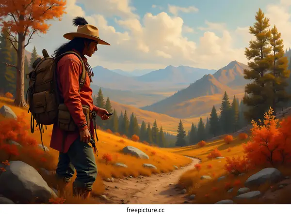 Man In Red Shirt Looks at The View While Hiking In The Mountains