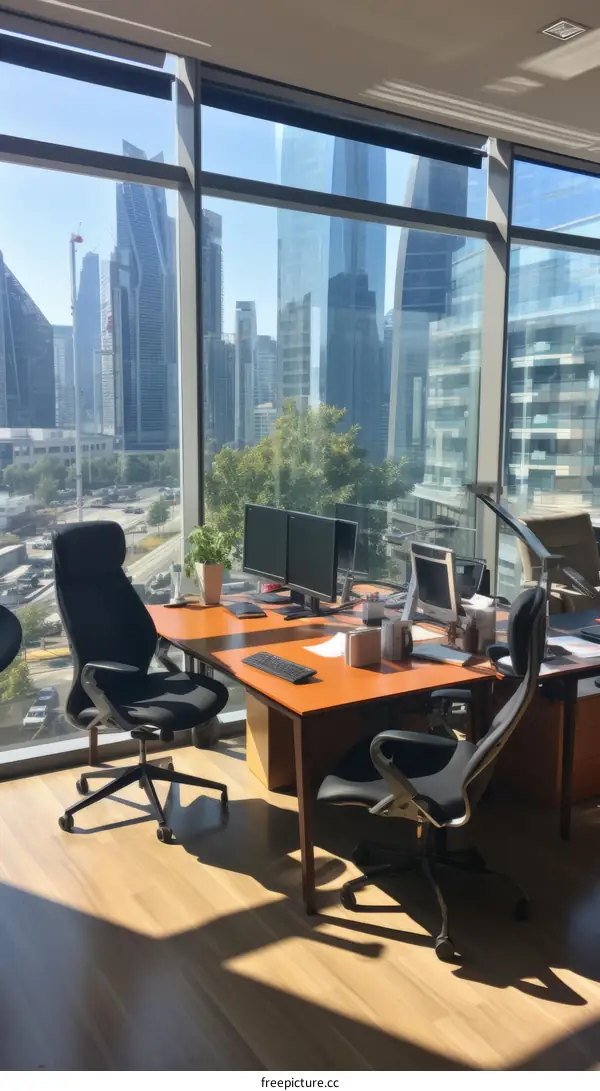 Modern Office with Expansive City Skyline View