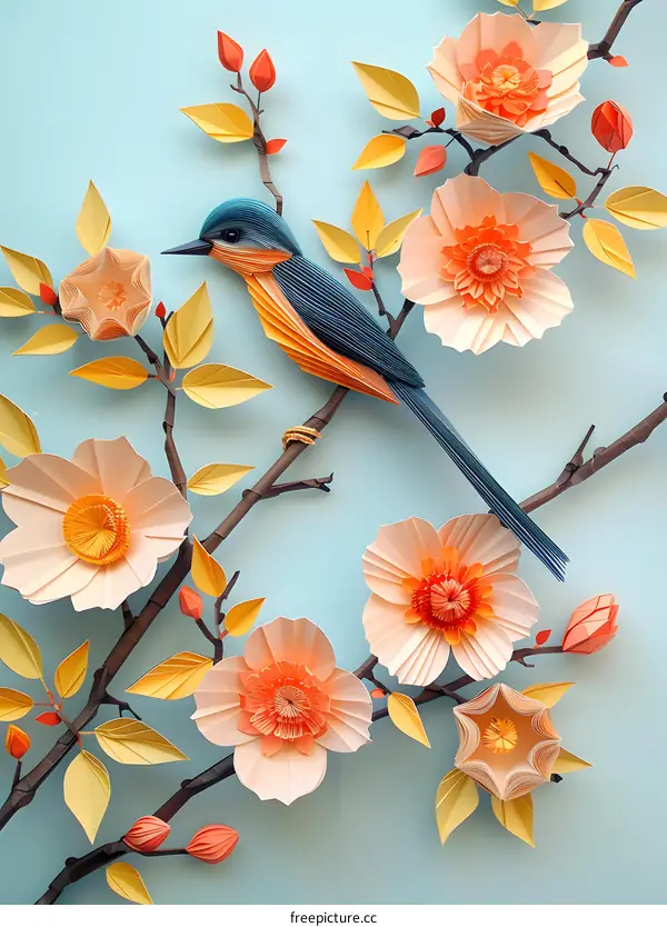 Paper Bird with Flowers on a Branch