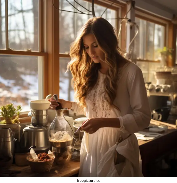 Young woman making coffee in the kitchen