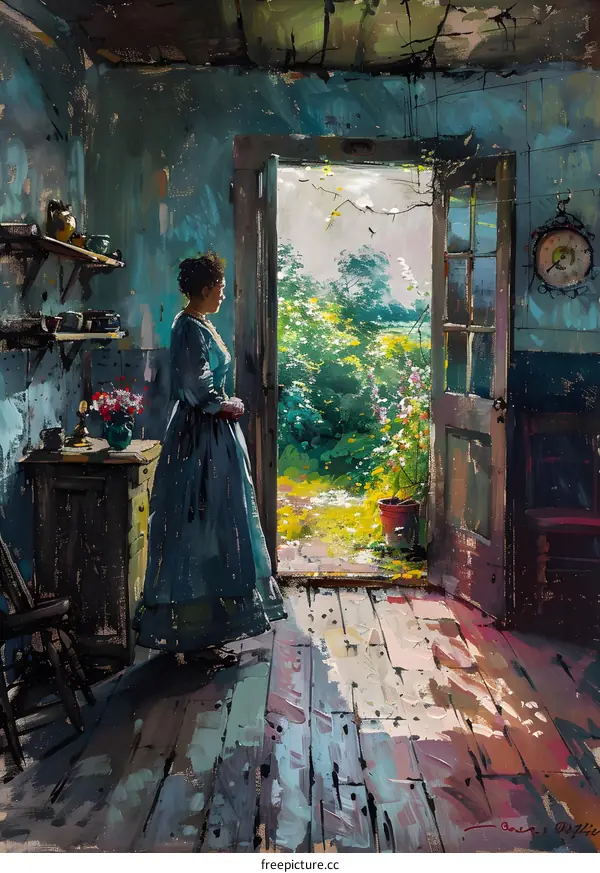 A woman standing in a doorway looking out at a garden