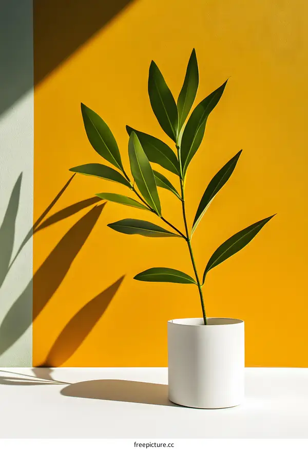Green Plant in White Pot Against Yellow Wall