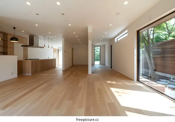 Modern Minimalist Open Plan Kitchen and Living Room Interior Design with Hardwood Flooring