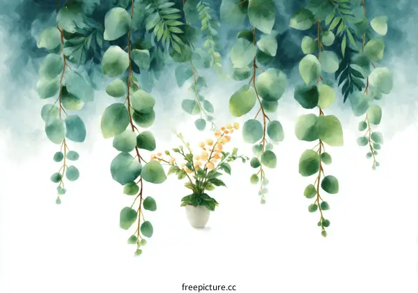 Watercolor Botanical Illustration of Hanging Eucalyptus Leaves and Flowers