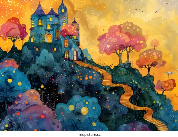 Whimsical and colorful illustration of a castle on a hill