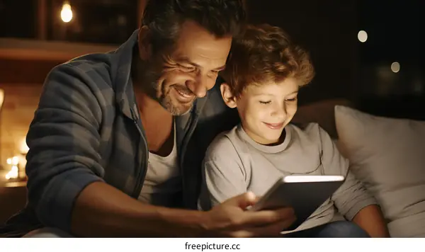 Father and son bonding over a tablet