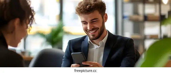 Smiling Businessman Using Smartphone in Office
