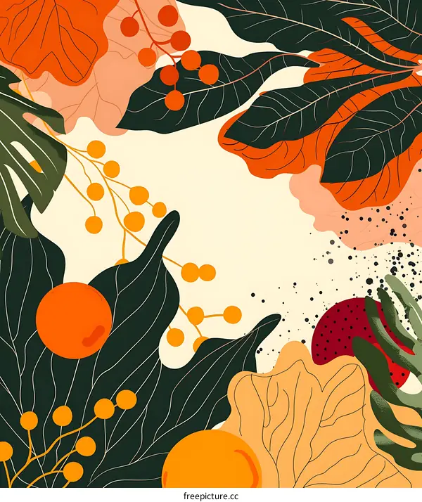 Abstract Botanical Illustration With Colorful Leaves And Berries