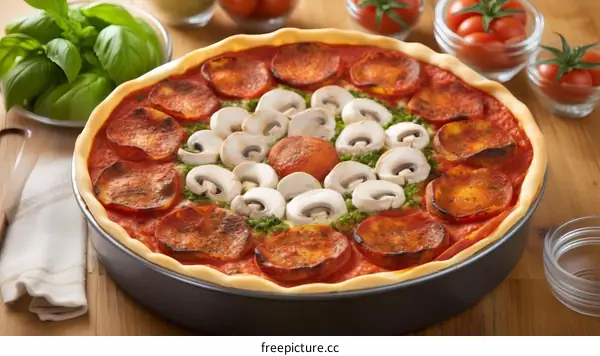 A delicious pizza with pepperoni, mushrooms, and tomatoes