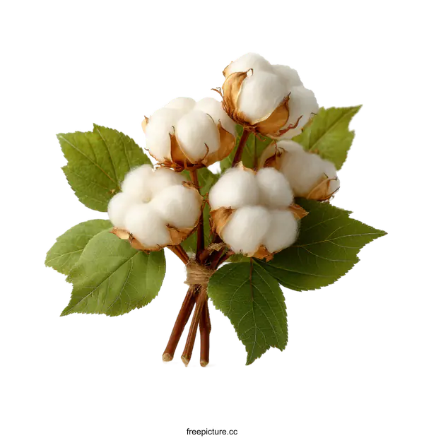 [Transparent Background PNG]Cotton Bolls with Leaves Close-up