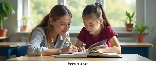 Young Girl and Teacher Studying Together in Classroom
