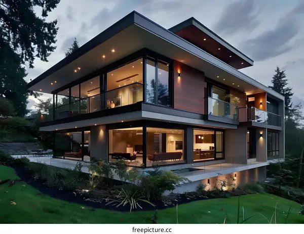 Modern House with Large Windows and a Landscaped Yard