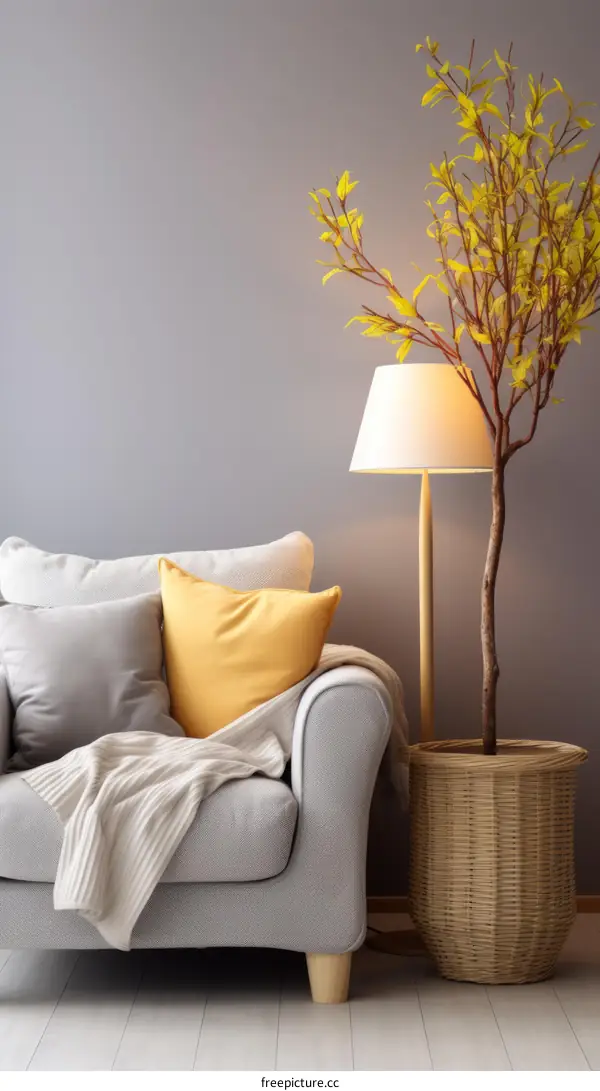 A cozy living room with a gray couch, yellow pillow, and a floor lamp