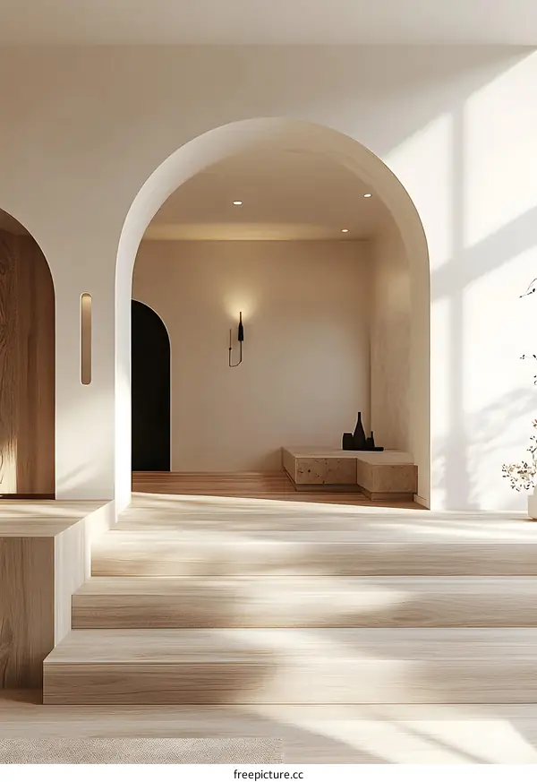 Modern Interior Design with Arched Entryway and Wooden Stairs