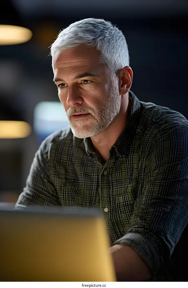Caucasian Man Working On Laptop At Night