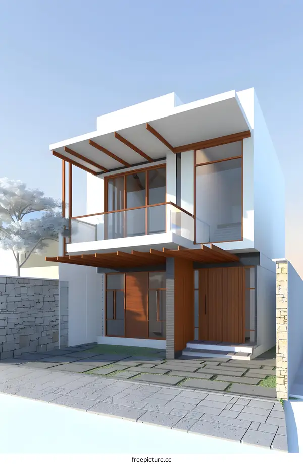 Modern Two Story House with Wooden Accents and a Balcony
