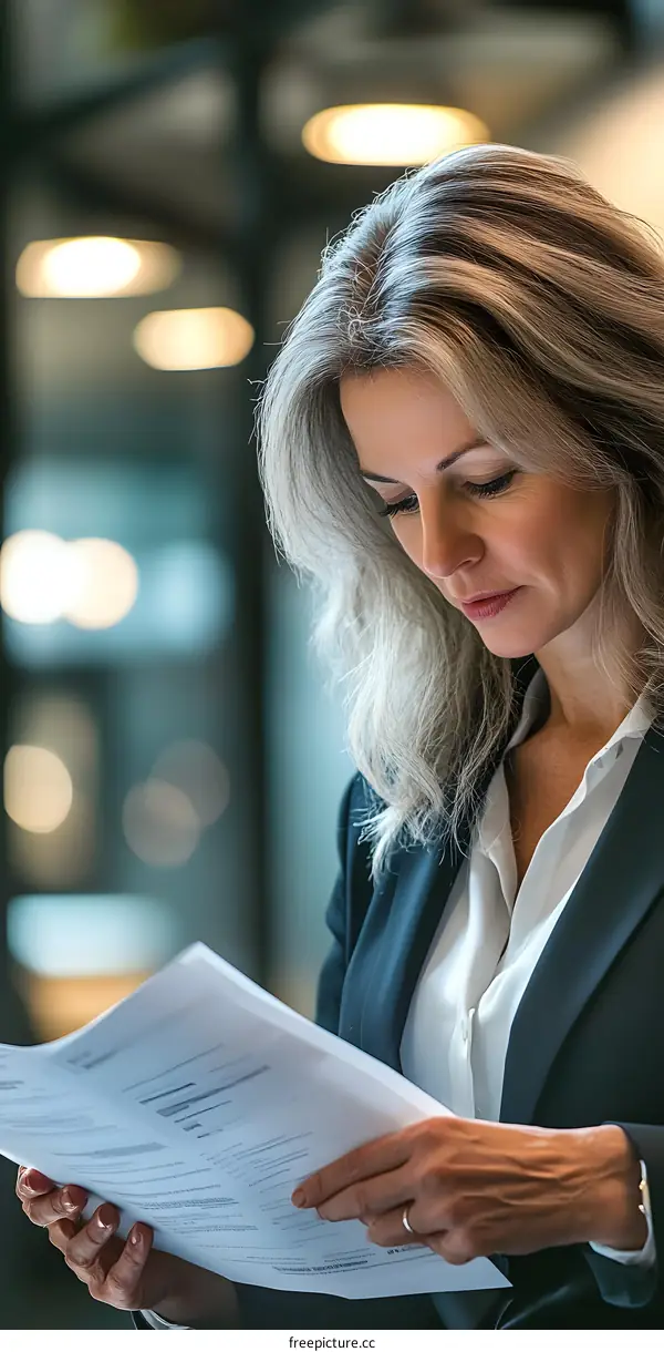 Woman in Business Suit Reading Documents