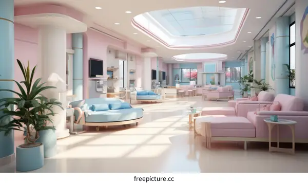 Modern Hospital Interior with Pink and Blue Walls and Furniture