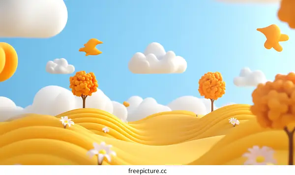 Cartoon Landscape with Yellow Trees and White Clouds