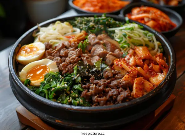 Dolsot Bibimbap: Korean Hot Stone Bowl Rice with Beef, Egg, and Kimchi