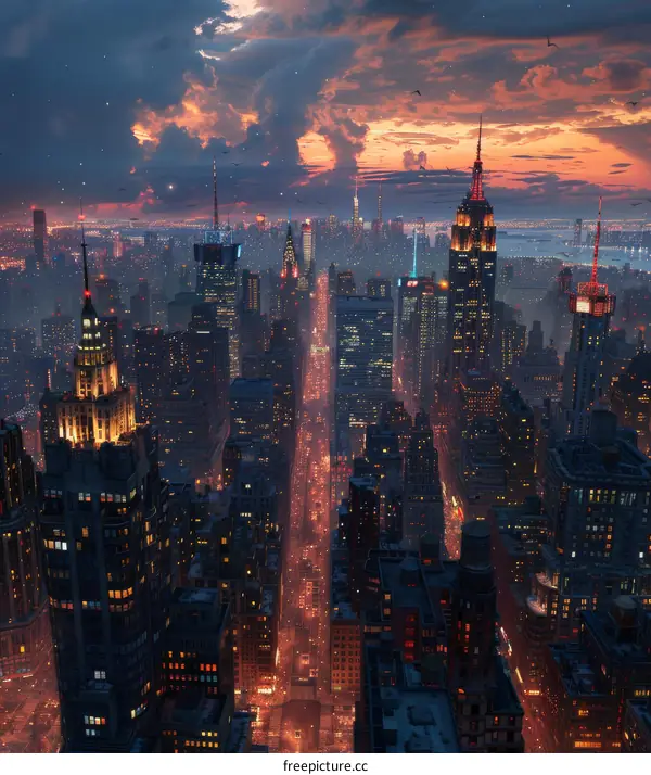 Night City Skyline Aerial View