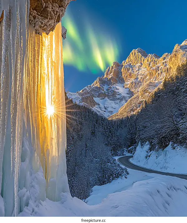 Sun Shining Through Ice Wall in Mountains