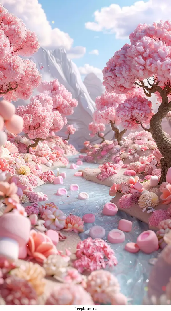 Pink fantasy landscape with a river flowing through a forest of pink trees and flowers