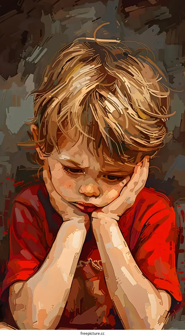 An oil painting of a boy with his head in his hands