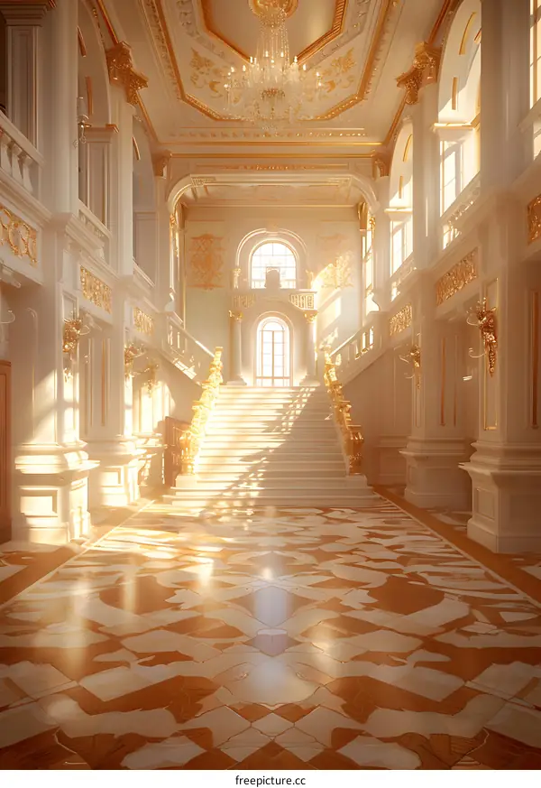 ornate hallway with marble floor and grand staircase