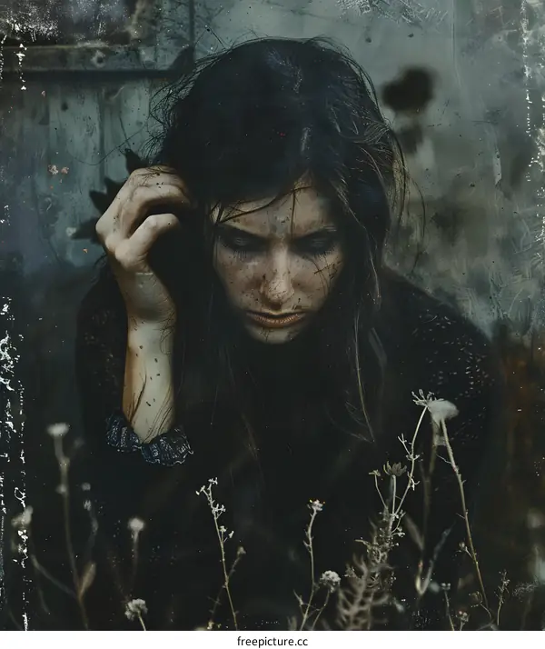 A girl with dark hair and a dirty face is standing in a field of tall grass.